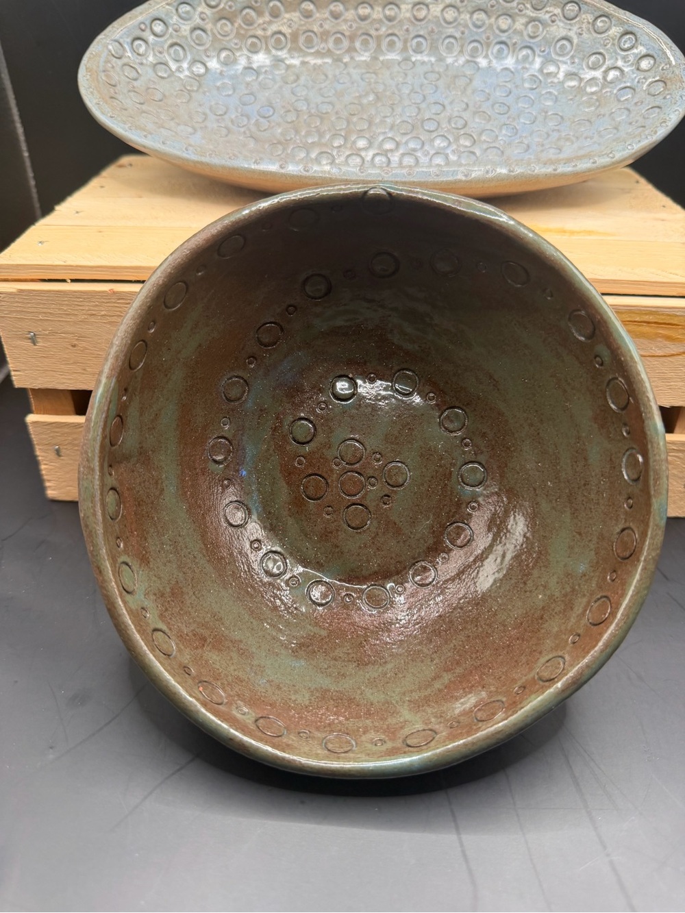 Handcrafted Studio Pottery Serving Bowl & Oval Platter Set Bubble Design